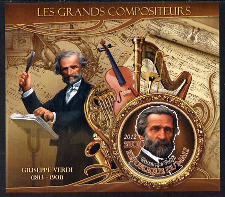 Mali 2012 The Great Composers - Giuseppe Verdi imperf souvenir sheet containing circular-shaped stamp unmounted mint, stamps on , stamps on  stamps on music, stamps on  stamps on composers, stamps on  stamps on shaped, stamps on  stamps on musical instruments, stamps on  stamps on verdi