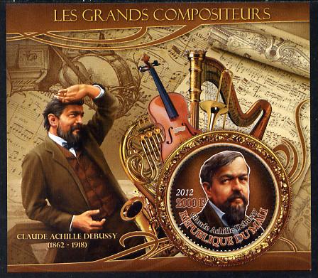 Mali 2012 The Great Composers - Claude Debussy perf souvenir sheet containing circular-shaped stamp unmounted mint, stamps on music, stamps on composers, stamps on shaped, stamps on musical instruments, stamps on debussy
