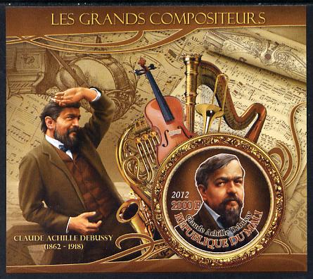 Mali 2012 The Great Composers - Claude Debussy imperf souvenir sheet containing circular-shaped stamp unmounted mint, stamps on music, stamps on composers, stamps on shaped, stamps on musical instruments, stamps on debussy