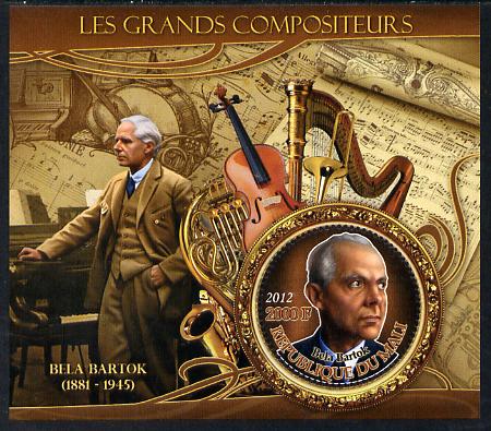 Mali 2012 The Great Composers - Bela Bartok perf souvenir sheet containing circular-shaped stamp unmounted mint, stamps on music, stamps on composers, stamps on shaped, stamps on musical instruments, stamps on bartok