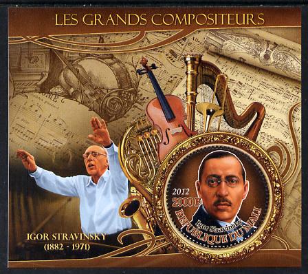 Mali 2012 The Great Composers - Igor Stravinsky perf souvenir sheet containing circular-shaped stamp unmounted mint, stamps on , stamps on  stamps on music, stamps on  stamps on composers, stamps on  stamps on shaped, stamps on  stamps on musical instruments, stamps on  stamps on stravinsky