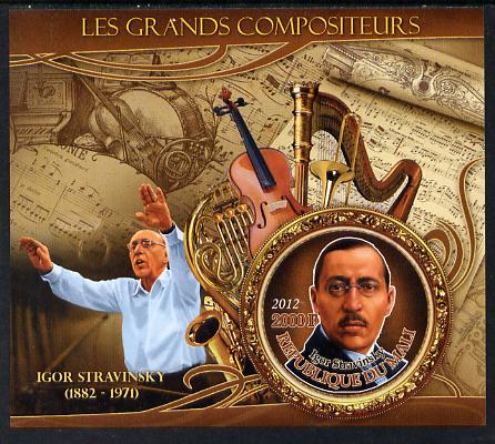 Mali 2012 The Great Composers - Igor Stravinsky imperf souvenir sheet containing circular-shaped stamp unmounted mint, stamps on , stamps on  stamps on music, stamps on  stamps on composers, stamps on  stamps on shaped, stamps on  stamps on musical instruments, stamps on  stamps on stravinsky