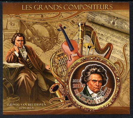 Mali 2012 The Great Composers - Ludwig Van Beethoven perf souvenir sheet containing circular-shaped stamp unmounted mint, stamps on , stamps on  stamps on music, stamps on  stamps on composers, stamps on  stamps on shaped, stamps on  stamps on musical instruments, stamps on  stamps on beethoven