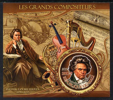 Mali 2012 The Great Composers - Ludwig Van Beethoven imperf souvenir sheet containing circular-shaped stamp unmounted mint, stamps on , stamps on  stamps on music, stamps on  stamps on composers, stamps on  stamps on shaped, stamps on  stamps on musical instruments, stamps on  stamps on beethoven
