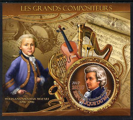 Mali 2012 The Great Composers - Wolfgang Amadeus Mozart perf souvenir sheet containing circular-shaped stamp unmounted mint, stamps on music, stamps on composers, stamps on shaped, stamps on musical instruments, stamps on mozart