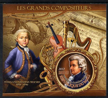 Mali 2012 The Great Composers - Wolfgang Amadeus Mozart imperf souvenir sheet containing circular-shaped stamp unmounted mint, stamps on , stamps on  stamps on music, stamps on  stamps on composers, stamps on  stamps on shaped, stamps on  stamps on musical instruments, stamps on  stamps on mozart