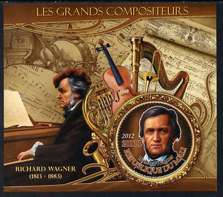 Mali 2012 The Great Composers - Richard Wagner perf souvenir sheet containing circular-shaped stamp unmounted mint, stamps on music, stamps on composers, stamps on shaped, stamps on musical instruments, stamps on wagner, stamps on opera