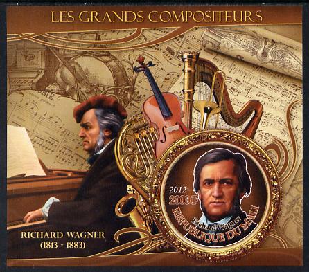 Mali 2012 The Great Composers - Richard Wagner imperf souvenir sheet containing circular-shaped stamp unmounted mint, stamps on , stamps on  stamps on music, stamps on  stamps on composers, stamps on  stamps on shaped, stamps on  stamps on musical instruments, stamps on  stamps on wagner, stamps on  stamps on opera