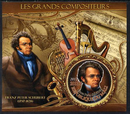 Mali 2012 The Great Composers - Franz Schubert perf souvenir sheet containing circular-shaped stamp unmounted mint, stamps on , stamps on  stamps on music, stamps on  stamps on composers, stamps on  stamps on shaped, stamps on  stamps on musical instruments, stamps on  stamps on schubert