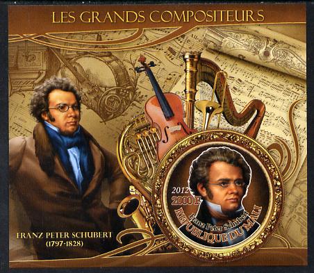 Mali 2012 The Great Composers - Franz Schubert imperf souvenir sheet containing circular-shaped stamp unmounted mint, stamps on , stamps on  stamps on music, stamps on  stamps on composers, stamps on  stamps on shaped, stamps on  stamps on musical instruments, stamps on  stamps on schubert