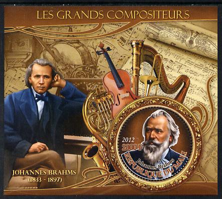 Mali 2012 The Great Composers - Johannes Brahms perf souvenir sheet containing circular-shaped stamp unmounted mint, stamps on music, stamps on composers, stamps on shaped, stamps on musical instruments, stamps on brahms