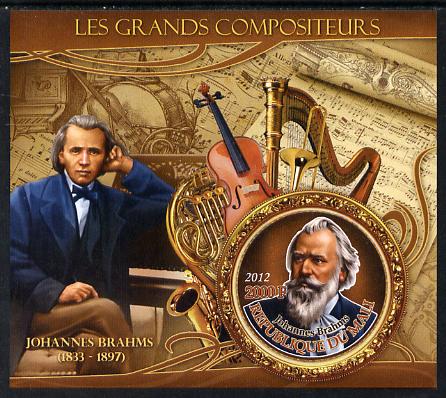 Mali 2012 The Great Composers - Johannes Brahms imperf souvenir sheet containing circular-shaped stamp unmounted mint, stamps on , stamps on  stamps on music, stamps on  stamps on composers, stamps on  stamps on shaped, stamps on  stamps on musical instruments, stamps on  stamps on brahms