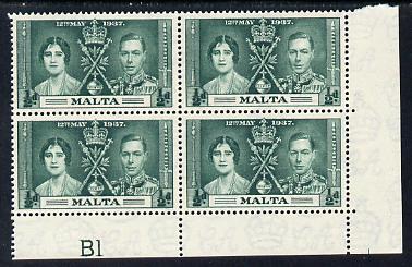 Malta 1937 KG6 Coronation 1/2d corner plate block of 4 (plate B1) unmounted mint (Coronation plate blocks are rare) SG 214