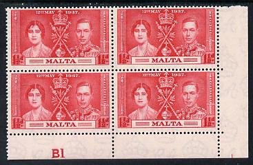 Malta 1937 KG6 Coronation 1.5d corner plate block of 4 (plate B1) unmounted mint (Coronation plate blocks are rare) SG 215, stamps on , stamps on  kg6 , stamps on coronation