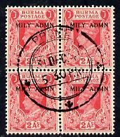 Burma 1945 Mily Admin opt on KG6 2a carminen block of 4 with central cds cancel SG 41, stamps on , stamps on  kg6 , stamps on 