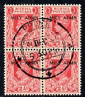 Burma 1945 Mily Admin opt on KG6 2a carminen block of 4 with central cds cancel SG 41, stamps on , stamps on  stamps on , stamps on  stamps on  kg6 , stamps on  stamps on 