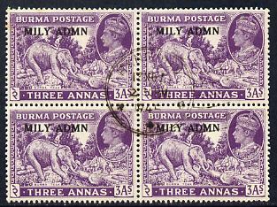 Burma 1945 Mily Admin opt on Elephant & Teak 3a violet block of 4 with central cds cancel SG 43, stamps on , stamps on  kg6 , stamps on elephants, stamps on trees