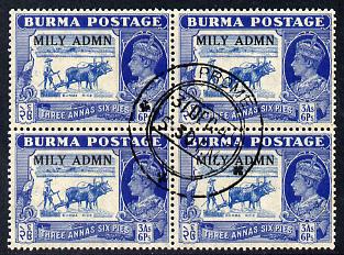 Burma 1945 Mily Admin opt on Rice (Ploughing with Oxen) 3a6p blue block of 4 with central cds cancel SG 44, stamps on , stamps on  stamps on , stamps on  stamps on  kg6 , stamps on  stamps on food, stamps on  stamps on rice, stamps on  stamps on ploughing, stamps on  stamps on agriculture, stamps on  stamps on oxen, stamps on  stamps on bovine