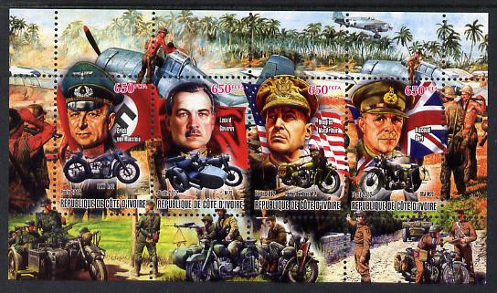 Ivory Coast 2012 Personalities of Second World War #2 perf sheetlet containing 4 values unmounted mint (Von Manstein, Govorov, MacArthur & Viscount Gort), stamps on personalities, stamps on  ww2 , stamps on aviation, stamps on motorbikes, stamps on  vc , stamps on victoria cross, stamps on 
