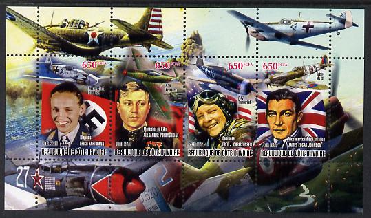 Ivory Coast 2012 Personalities of Second World War #5 perf sheetlet containing 4 values unmounted mint (Hartmann, Pokrychkine,  Christensen & James 'Johnnie' Johnson), stamps on personalities, stamps on  ww2 , stamps on aviation, stamps on spitfires, stamps on 