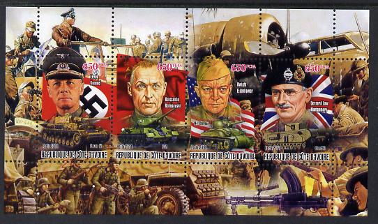 Ivory Coast 2012 Personalities of Second World War #6 perf sheetlet containing 4 values unmounted mint (Rommel, Rokosovski, Eisenhower & Montgomery, stamps on personalities, stamps on  ww2 , stamps on usa presidents, stamps on americana, stamps on aviation, stamps on tanks, stamps on 
