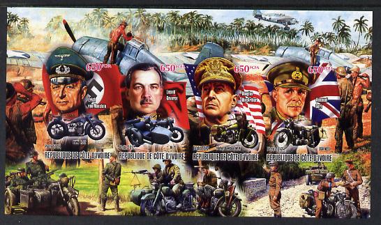 Ivory Coast 2012 Personalities of Second World War #2 imperf sheetlet containing 4 values unmounted mint (Von Manstein, Govorov, MacArthur & Viscount Gort), stamps on personalities, stamps on  ww2 , stamps on aviation, stamps on motorbikes, stamps on  vc , stamps on victoria cross, stamps on 