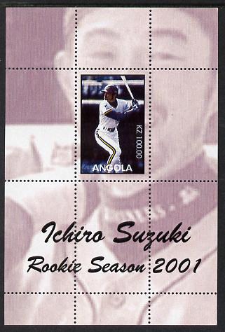 Angola 2001 Baseball Rookie Season - Ichiro Suzuki perforated proof s/sheet with purple background and different image to the issued design, unmounted mint and one of only 3 sheets so produced, stamps on , stamps on  stamps on personalities, stamps on  stamps on sport, stamps on  stamps on baseball