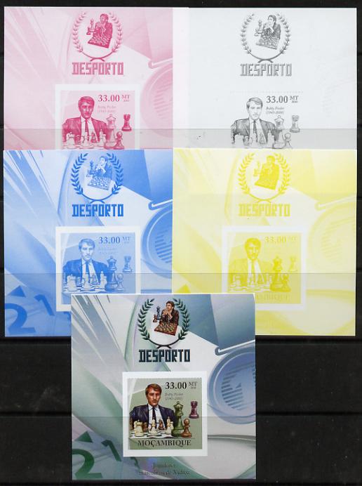 Mozambique 2010 Chess Players - Bobby Fischer m/sheet - the set of 5 imperf progressive proofs comprising the 4 individual colours plus all 4-colour composite, unmounted ..., stamps on personalities, stamps on chess