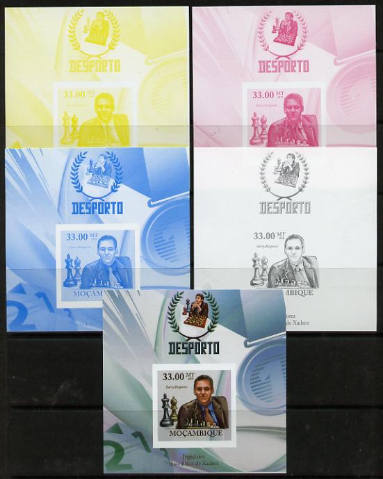 Mozambique 2010 Chess Players - Garry Kaspapov m/sheet - the set of 5 imperf progressive proofs comprising the 4 individual colours plus all 4-colour composite, unmounted..., stamps on personalities, stamps on chess