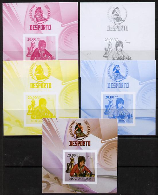 Mozambique 2010 Chess Players - Pia Cramling m/sheet - the set of 5 imperf progressive proofs comprising the 4 individual colours plus all 4-colour composite, unmounted mint , stamps on , stamps on  stamps on personalities, stamps on  stamps on chess