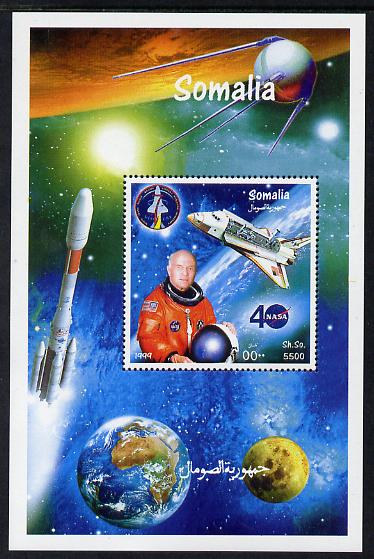 Somalia 1999 John Glenn & Space Shuttle perf m/sheet unmounted mint. Note this item is privately produced and is offered purely on its thematic appeal, stamps on , stamps on  stamps on personalities, stamps on  stamps on space, stamps on  stamps on apollo, stamps on  stamps on shuttle, stamps on  stamps on satellites