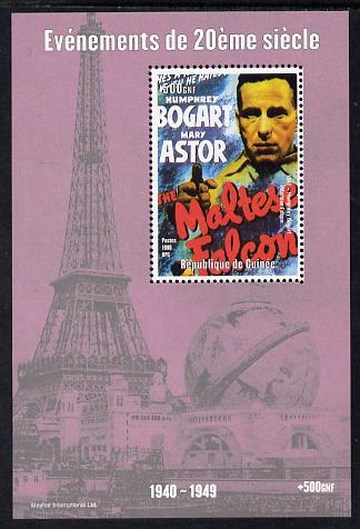 Guinea - Conakry 1998 Events of the 20th Century 1940-1949 Humphrey Bogart in Maltese Falcon perf souvenir sheet unmounted mint. Note this item is privately produced and is offered purely on its thematic appeal, stamps on millennium, stamps on eiffel tower, stamps on personalities, stamps on films, stamps on movies, stamps on cinema, stamps on birds of prey, stamps on 