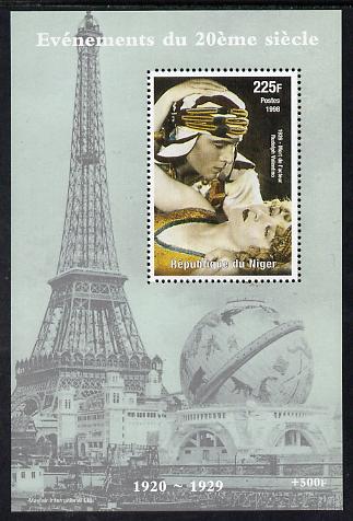 Niger Republic 1998 Events of the 20th Century 1920-1929 Death of Rudolph Valentino perf souvenir sheet unmounted mint. Note this item is privately produced and is offered purely on its thematic appeal, stamps on , stamps on  stamps on millennium, stamps on  stamps on eiffel tower, stamps on  stamps on personalities, stamps on  stamps on films, stamps on  stamps on cinema, stamps on  stamps on movies, stamps on  stamps on 