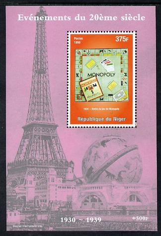Niger Republic 1998 Events of the 20th Century 1930-1939 Introduction of Monopoly (Board Game) perf souvenir sheet unmounted mint. Note this item is privately produced and is offered purely on its thematic appeal, stamps on , stamps on  stamps on millennium, stamps on  stamps on eiffel tower, stamps on  stamps on games