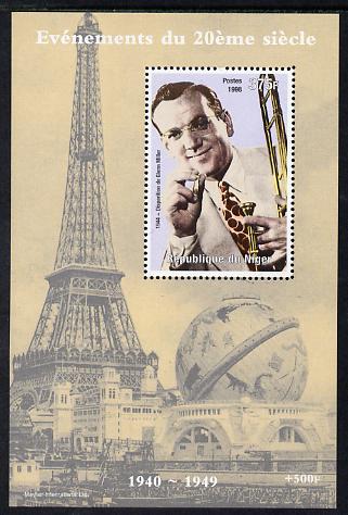 Niger Republic 1998 Events of the 20th Century 1940-1949 Glenn Miller perf souvenir sheet unmounted mint. Note this item is privately produced and is offered purely on its thematic appeal, stamps on millennium, stamps on eiffel tower, stamps on personalities, stamps on music, stamps on jazz, stamps on miller