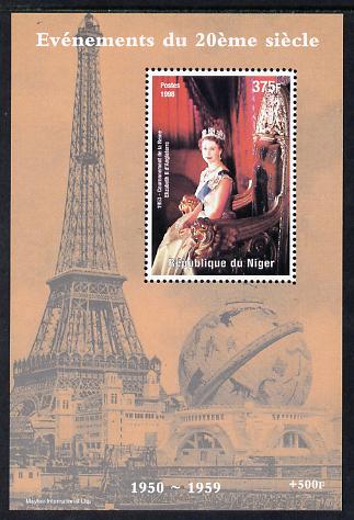 Niger Republic 1998 Events of the 20th Century 1950-1959 Coronation of Queen Elizabeth II perf souvenir sheet unmounted mint. Note this item is privately produced and is offered purely on its thematic appeal, stamps on , stamps on  stamps on millennium, stamps on  stamps on eiffel tower, stamps on  stamps on personalities, stamps on  stamps on royalty, stamps on  stamps on coronations