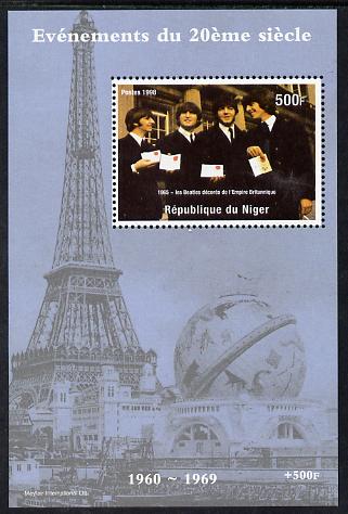 Niger Republic 1998 Events of the 20th Century 1960-1969 The Beatles receive MBE perf souvenir sheet unmounted mint, stamps on millennium, stamps on eiffel tower, stamps on personalities, stamps on medals, stamps on beatles, stamps on pops, stamps on music, stamps on rock