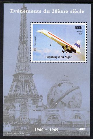 Niger Republic 1998 Events of the 20th Century 1960-1969 Concorde 002 perf souvenir sheet unmounted mint. Note this item is privately produced and is offered purely on its thematic appeal, stamps on millennium, stamps on eiffel tower, stamps on aviation, stamps on concorde