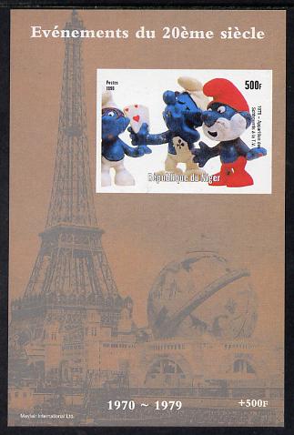 Niger Republic 1998 Events of the 20th Century 1970-1979 Appearance of the Smurfs on TV imperf souvenir sheet unmounted mint. Note this item is privately produced and is offered purely on its thematic appeal, stamps on millennium, stamps on eiffel tower, stamps on  tv , stamps on puppets, stamps on playing cards