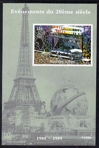 Niger Republic 1998 Events of the 20th Century 1980-1989 Live Aid Concert imperf souvenir sheet unmounted mint. Note this item is privately produced and is offered purely on its thematic appeal, stamps on , stamps on  stamps on millennium, stamps on  stamps on eiffel tower, stamps on  stamps on music, stamps on  stamps on pops, stamps on  stamps on rock