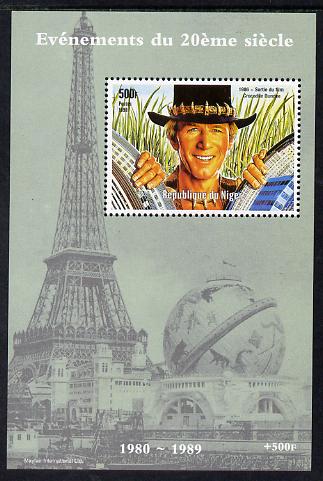 Niger Republic 1998 Events of the 20th Century 1980-1989 Crocodile Dundee Film perf souvenir sheet unmounted mint. Note this item is privately produced and is offered purely on its thematic appeal, stamps on millennium, stamps on eiffel tower, stamps on personalities, stamps on films, stamps on movies, stamps on cinema, stamps on crocodiles