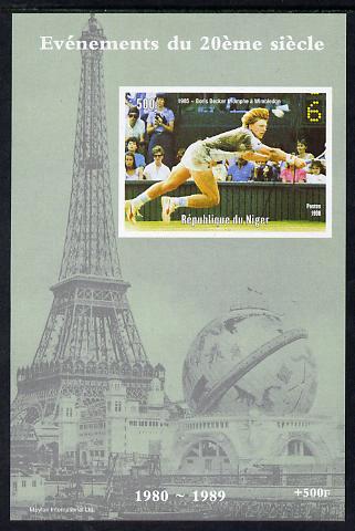 Niger Republic 1998 Events of the 20th Century 1980-1989 Boris Becker Wimbledon Champion imperf souvenir sheet unmounted mint. Note this item is privately produced and is offered purely on its thematic appeal, stamps on millennium, stamps on eiffel tower, stamps on personalities, stamps on sport, stamps on tennis