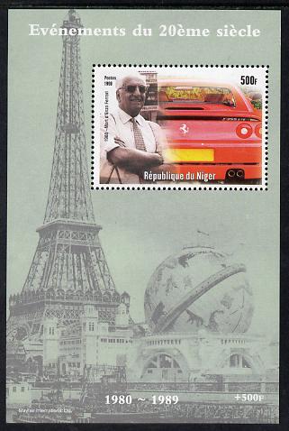 Niger Republic 1998 Events of the 20th Century 1980-1989 Death of Enzo Ferrari perf souvenir sheet unmounted mint. Note this item is privately produced and is offered purely on its thematic appeal, stamps on , stamps on  stamps on millennium, stamps on  stamps on eiffel tower, stamps on  stamps on personalities, stamps on  stamps on ferrari, stamps on  stamps on cars