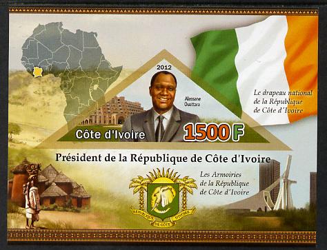 Ivory Coast 2012 President Alassane Ouattara imperf m/sheet containing triangular shaped 1500F value unmounted mint , stamps on , stamps on  stamps on personalities, stamps on  stamps on constitutions, stamps on  stamps on triangular, stamps on  stamps on shaped, stamps on  stamps on maps, stamps on  stamps on flags, stamps on  stamps on arms