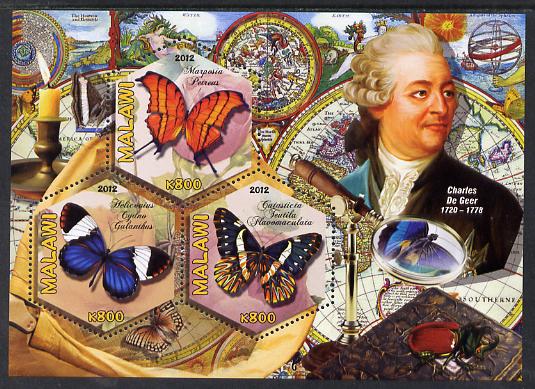Malawi 2012 Butterflies & Entomologists - Charles De Geer perf sheetlet containing 3 hexagonal shaped values unmounted mint , stamps on personalities, stamps on butterflies, stamps on hexagonal, stamps on shaped, stamps on telescopes
