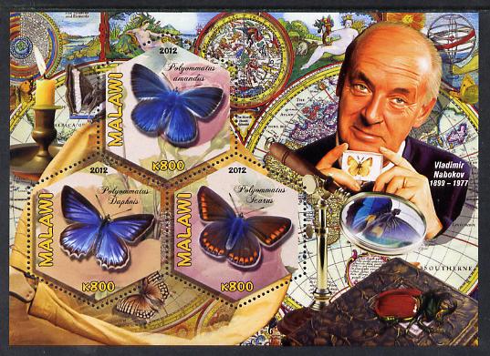 Malawi 2012 Butterflies & Entomologists - Vladimir Nabokov perf sheetlet containing 3 hexagonal shaped values unmounted mint , stamps on personalities, stamps on butterflies, stamps on hexagonal, stamps on shaped, stamps on telescopes, stamps on literature