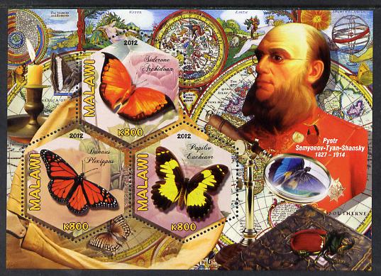 Malawi 2012 Butterflies & Entomologists - Pyotr Semyonov Tyan Shansky perf sheetlet containing 3 hexagonal shaped values unmounted mint , stamps on personalities, stamps on butterflies, stamps on hexagonal, stamps on shaped, stamps on telescopes