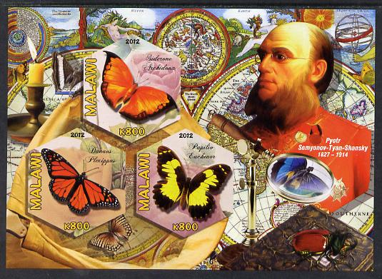 Malawi 2012 Butterflies & Entomologists - Pyotr Semyonov Tyan Shansky perf sheetlet containing 3 hexagonal shaped values unmounted mint , stamps on personalities, stamps on butterflies, stamps on hexagonal, stamps on shaped, stamps on telescopes