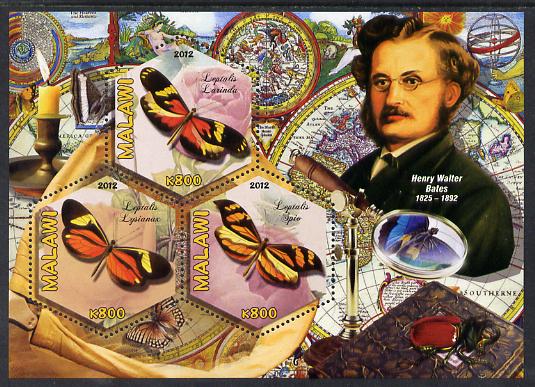 Malawi 2012 Butterflies & Entomologists - Henry Walter Bates perf sheetlet containing 3 hexagonal shaped values unmounted mint , stamps on personalities, stamps on butterflies, stamps on hexagonal, stamps on shaped, stamps on telescopes, stamps on explorers