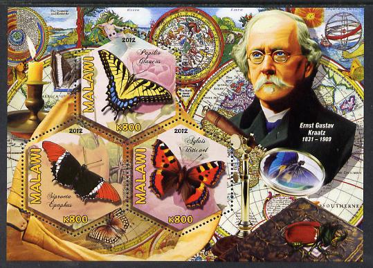 Malawi 2012 Butterflies & Entomologists - Ernst Gustav Kraatz perf sheetlet containing 3 hexagonal shaped values unmounted mint , stamps on , stamps on  stamps on personalities, stamps on  stamps on butterflies, stamps on  stamps on hexagonal, stamps on  stamps on shaped, stamps on  stamps on telescopes